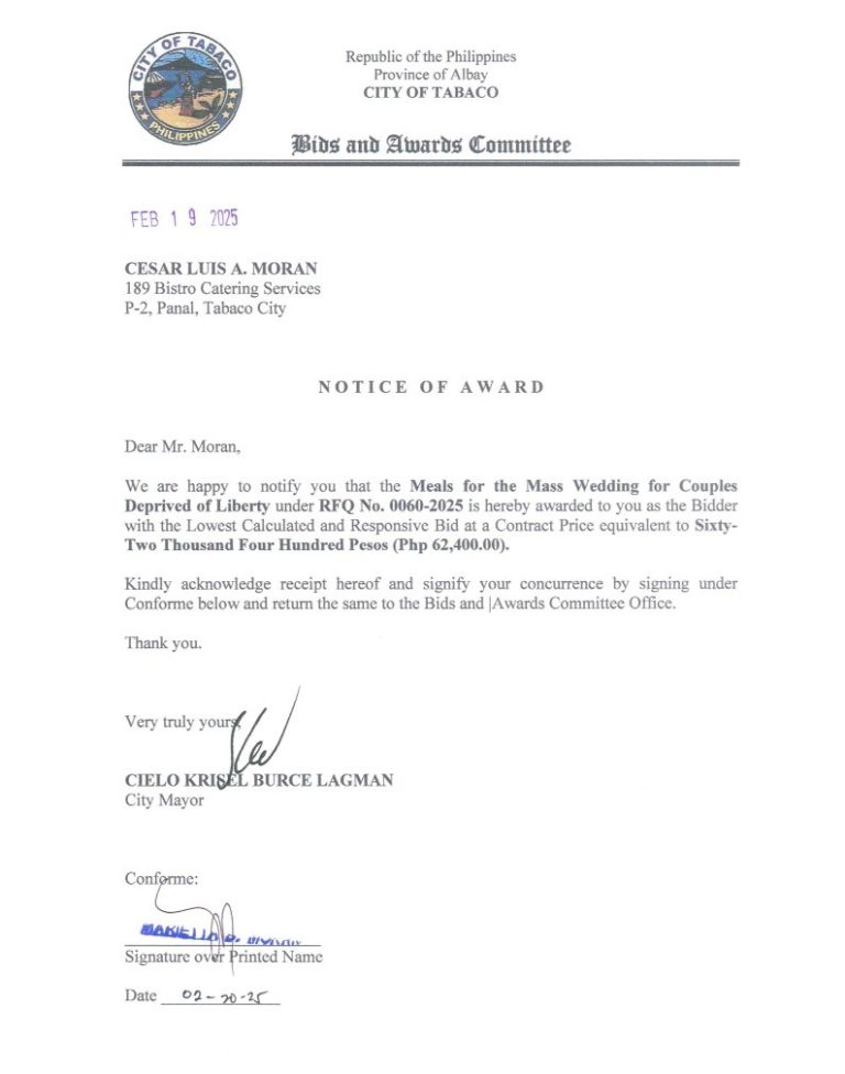 Notice of Award: Meals for the Mass Wedding for Couples Deprived of Liberty, PR No. 25-02-0074