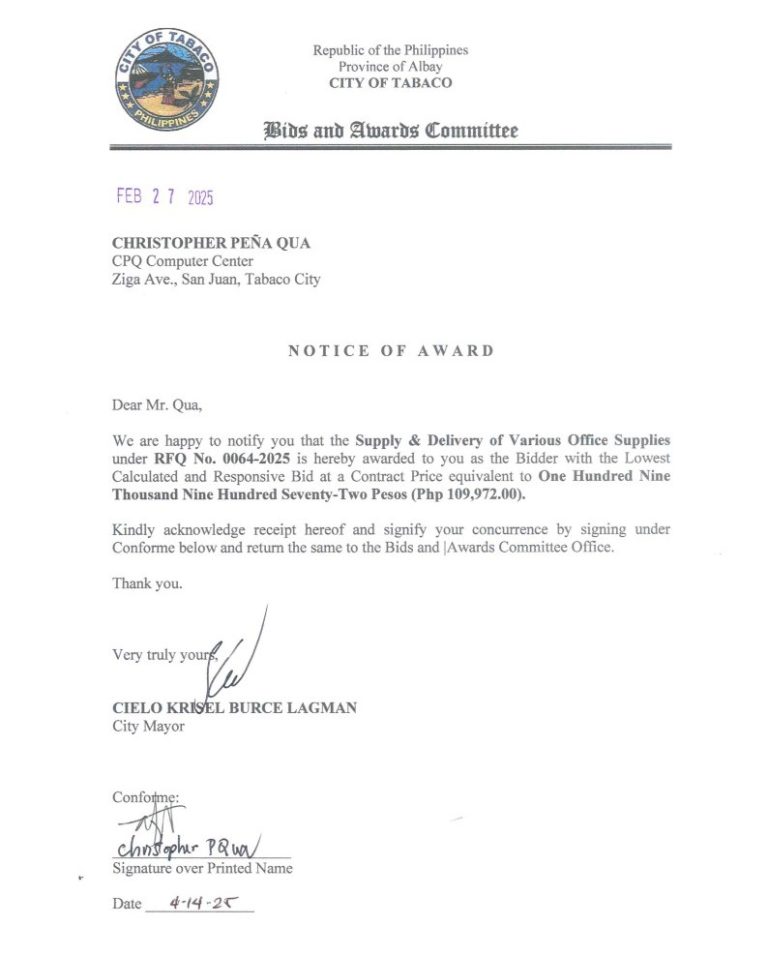 Notice of Award: Supply & Delivery of Various Office Supplies, PR No. 25-02-0078