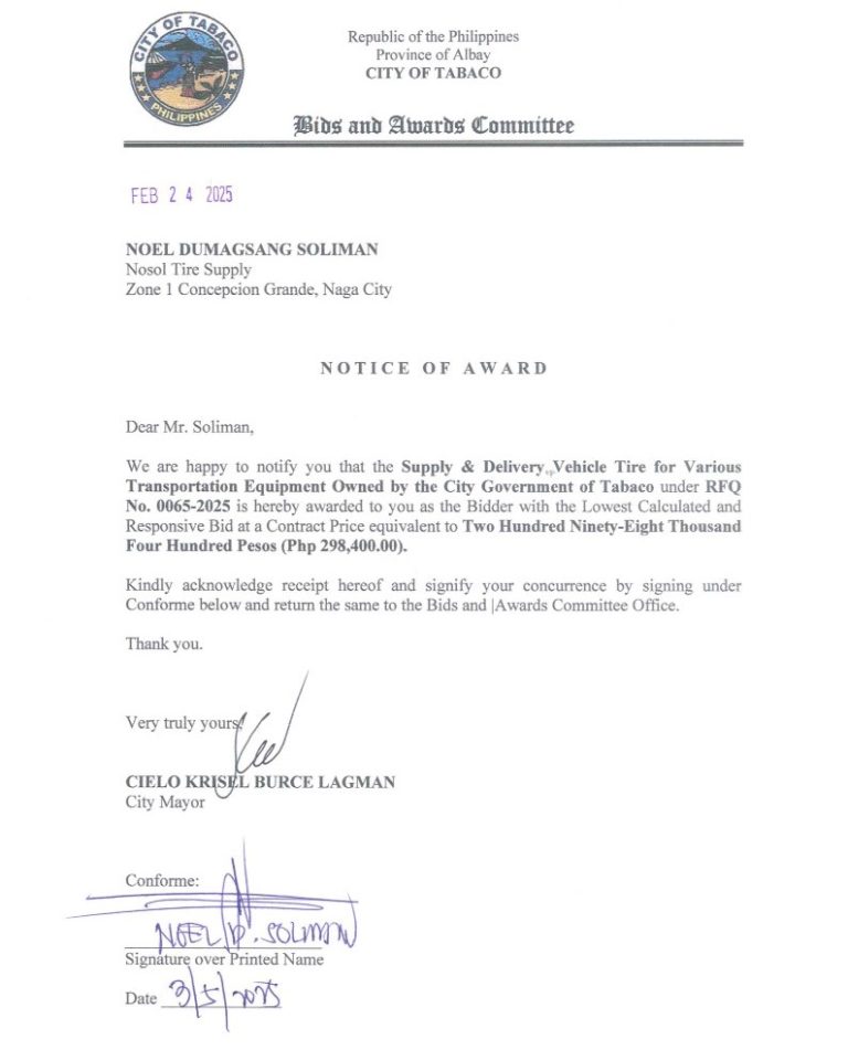 Notice of Award: Supply & Delivery Vehicle Tire for Various Transportation Equipment Owned by the City Government of Tabaco, PR No. 25-02-0079
