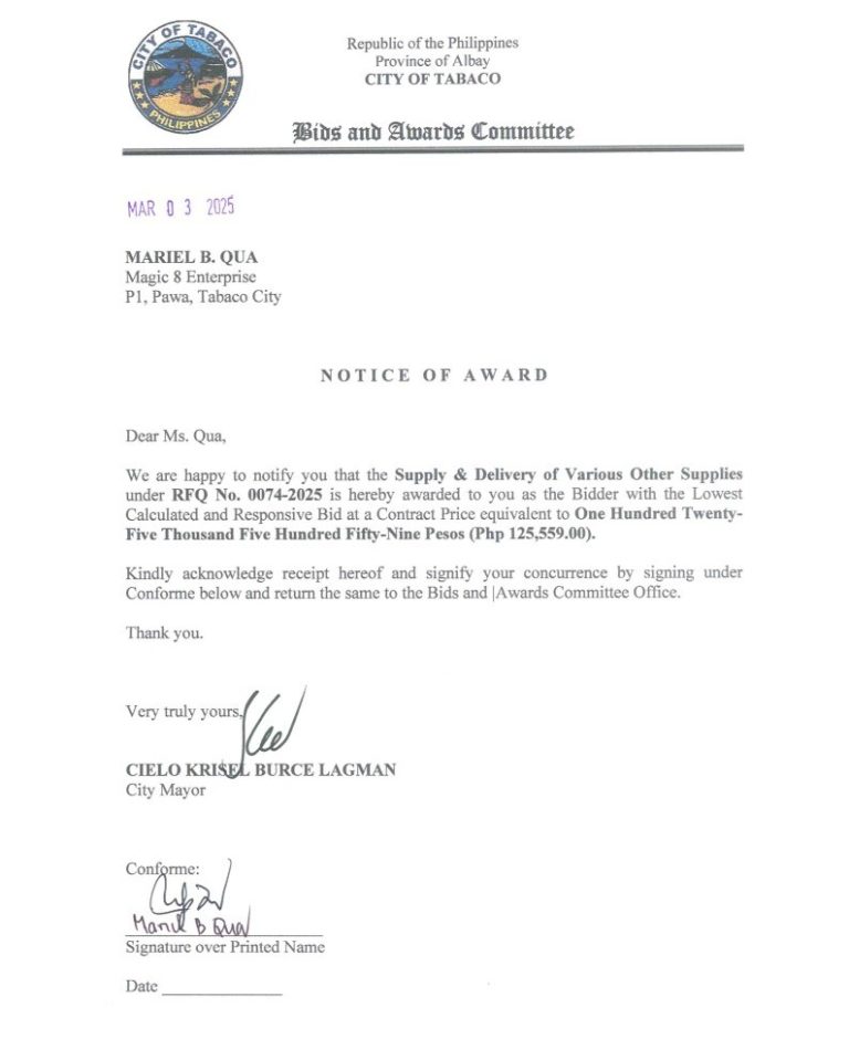 Notice of Award: Supply & Delivery of Various Other Supplies, PR No. 25-02-0084 & 0089