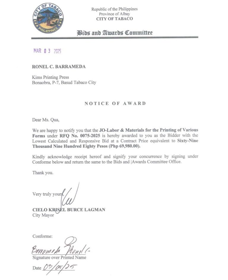 Notice of Award: JO-Labor & Materials for the Printing of Various Forms, PR No. 25-02-0090