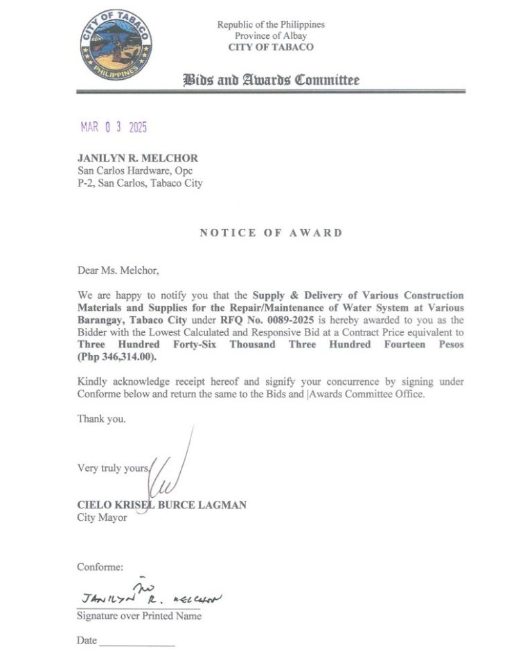 Notice of Award: Supply & Delivery of Various Construction Materials & Supplies for the Repair/Maintenance of Water System at Various Barangay, Tabaco City, PR No. 25-02-0103