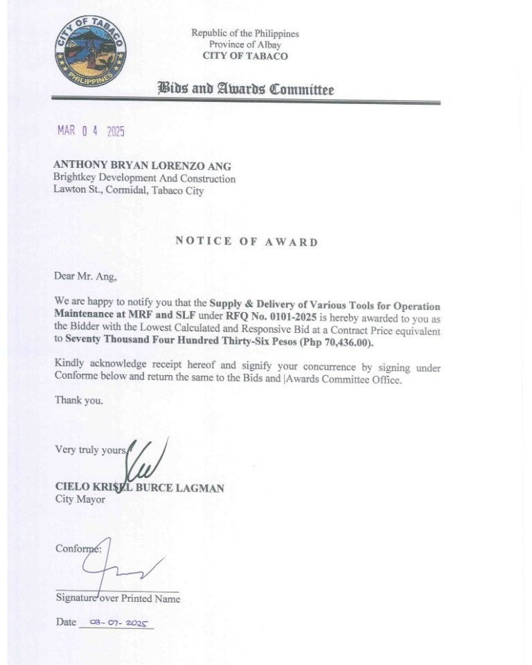 Notice of Award: Supply & Delivery of Various Tools for Operation Maintenance at MRF & SLF, PR No. 25-02-0115