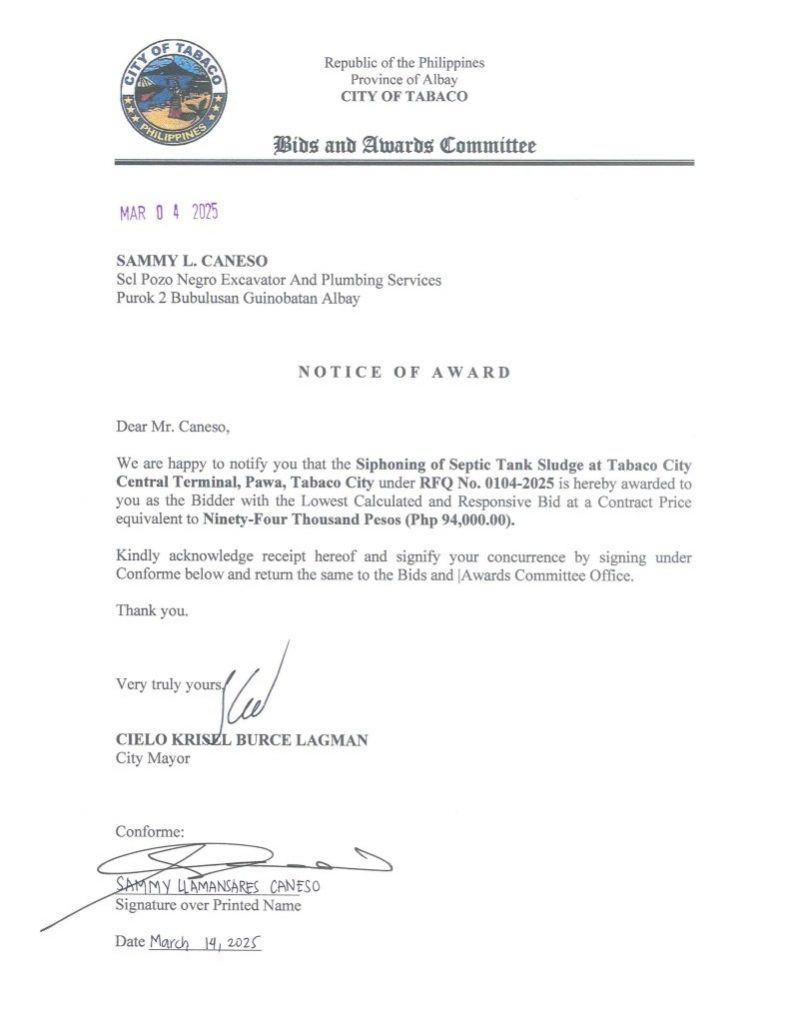 Notice of Award: Siphoning of Septic Tank Sludge at Tabaco City Terminal, Pawa, Tabaco City, PR No. 25-02-0118