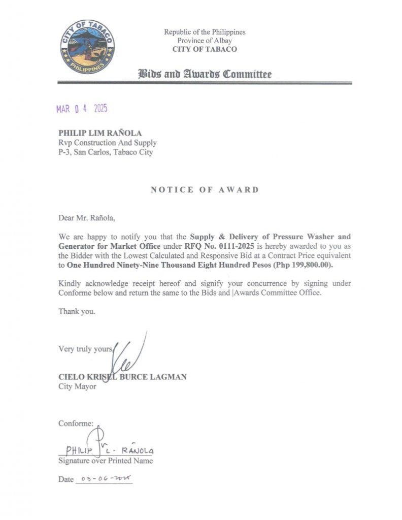 Notice of Award: Supply & Delivery of Pressure Washer & Generator for Market Office, PR No. 25-02-0125