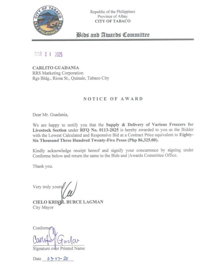 Notice of Award: Supply & Delivery of Various Freezers for Livestock Section, PR No. 25-02-0127