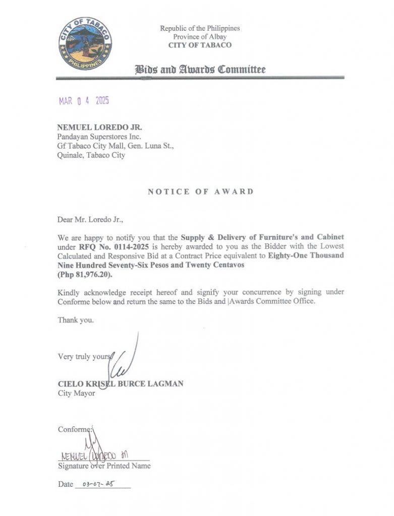 Notice of Award: Supply & Delivery of Furniture’s & Cabinet, PR No. 25-02-0128