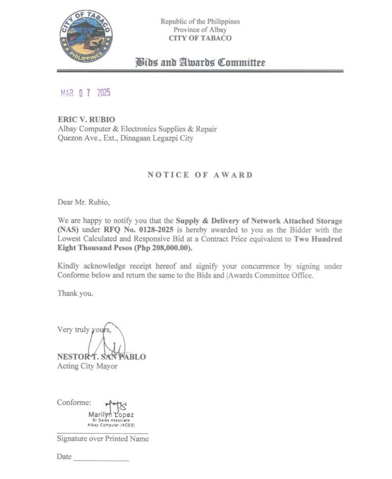 Notice of Award: Supply & Delivery of Network Attached Storage (NAS), PR No. 25-02-0142