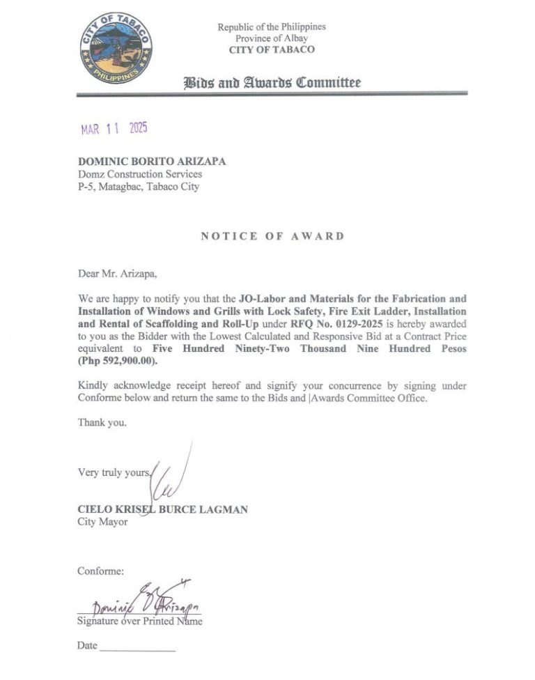 Notice of Award: JO-Labor & Materials for the Fabrication & Installation of Windows & Grills with Lock Safety, Fire Exit Ladder, Installation & Rental of Scaffolding & Roll-Up at Oson Youth Home, CHU, & PDAO Tabaco City, PR No. 25-02-0143