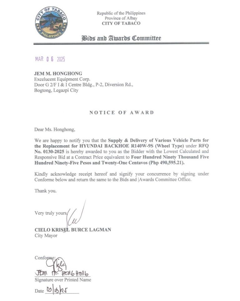 Notice of Award: Supply & Delivery of Various Vehicle Parts for the Replacement for HYUNDAI BACKHOE R140W-9S (Wheel Type), PR No. 25-02-0144