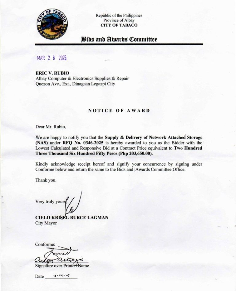 Notice of Award: Supply & Delivery of Network Attached Storage (NAS), PR No. 25-02-0145