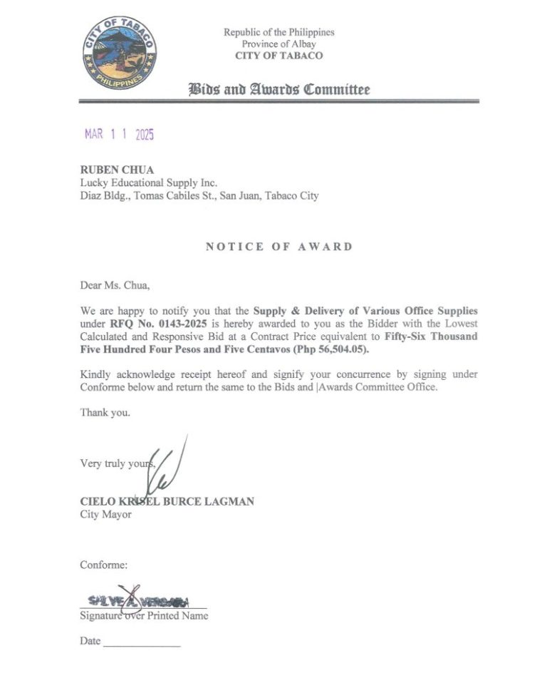 Notice of Award: Supply & Delivery of Various Office Supplies, PR No. 25-02-0157 & 0158