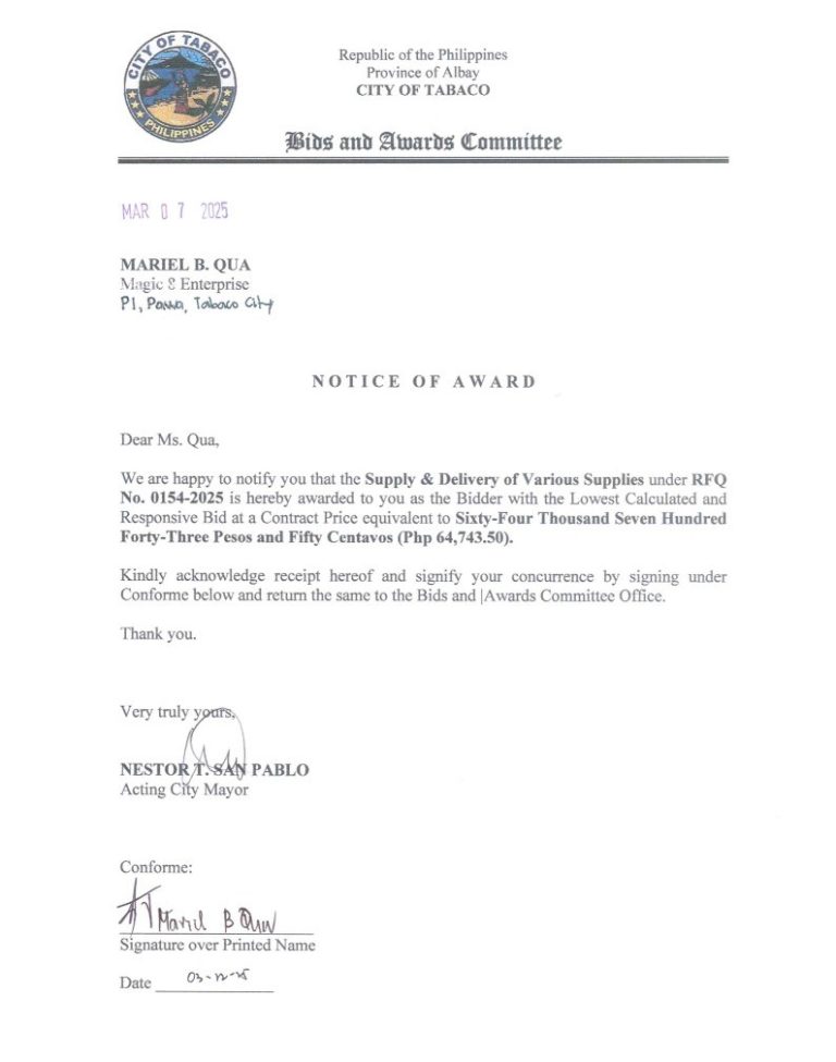 Notice of Award: Supply & Delivery of Various Supplies, PR No. 25-02-0168