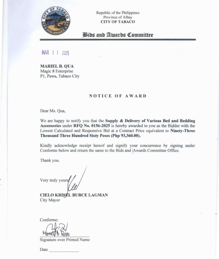 Notice of Award: Supply & Delivery of Various Bed & Bedding Accessories, PR No. 25-02-0170