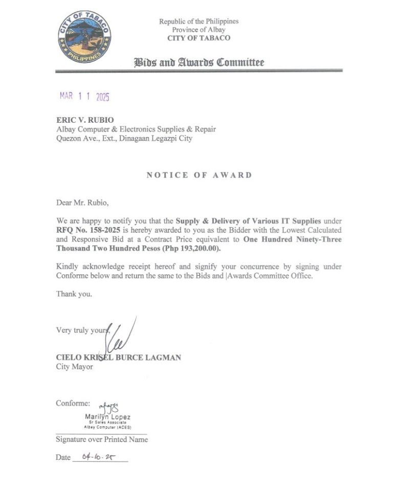 Notice of Award: Supply & Delivery of Various IT Supplies, PR No. 25-02-0172