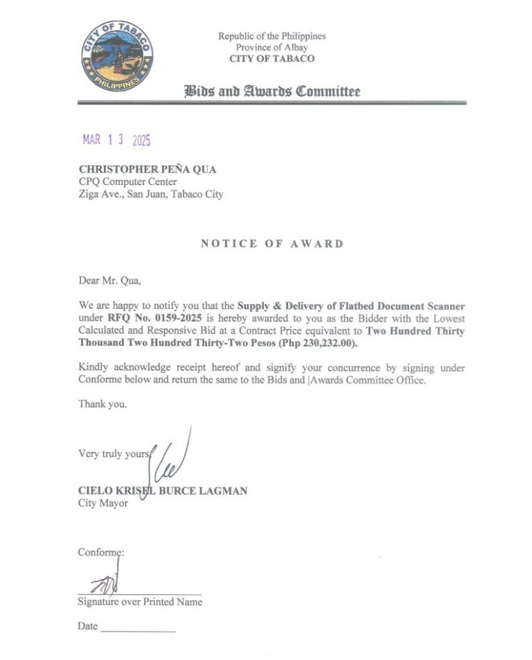 Notice of Award: Supply & Delivery of Flatbed Document Scanner, PR No. 25-02-0183