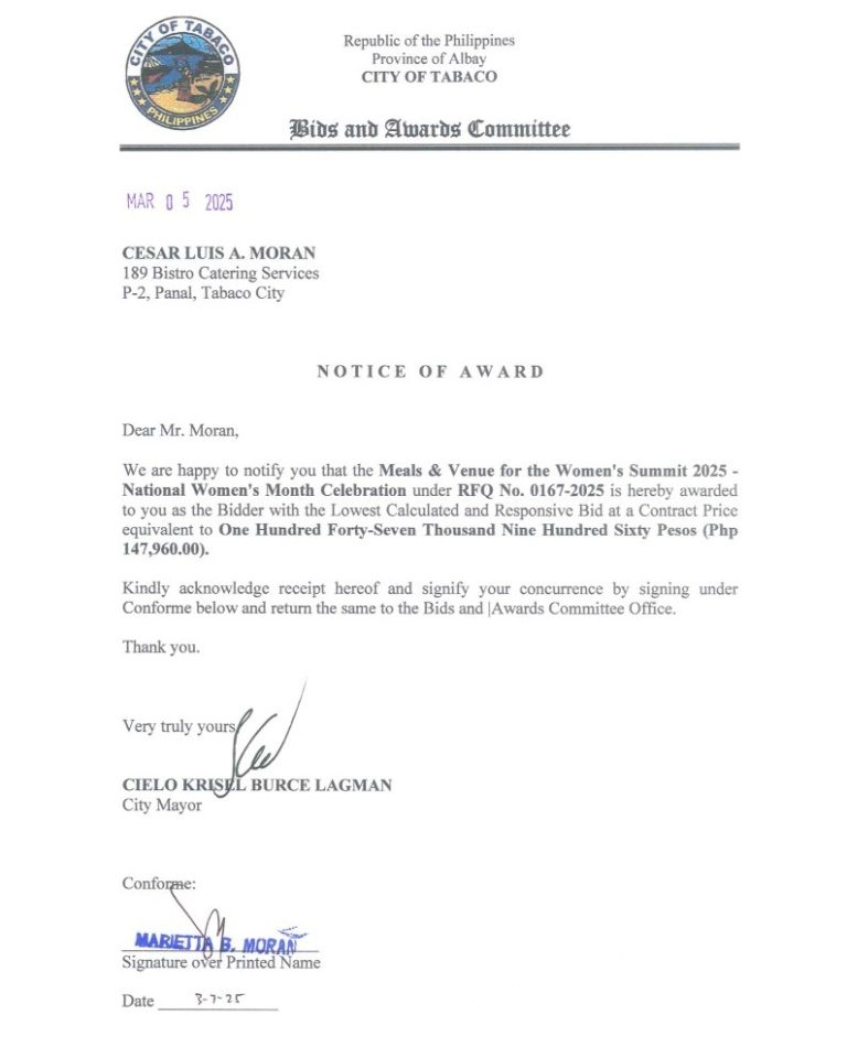 Notice of Award: Meals & Venue for the Women’s Summit 2025 – National Women’s Month Celebration, PR No. 25-02-0191