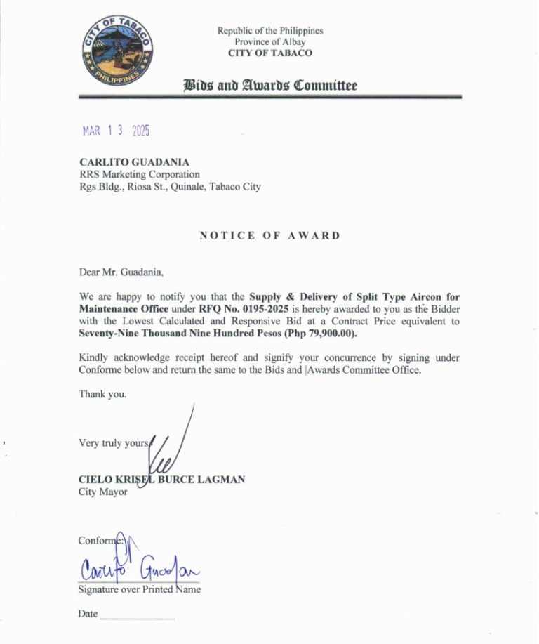 Notice of Award: Supply & Delivery of Split Type Aircon for Maintenance Office, PR No. 25-02-0220