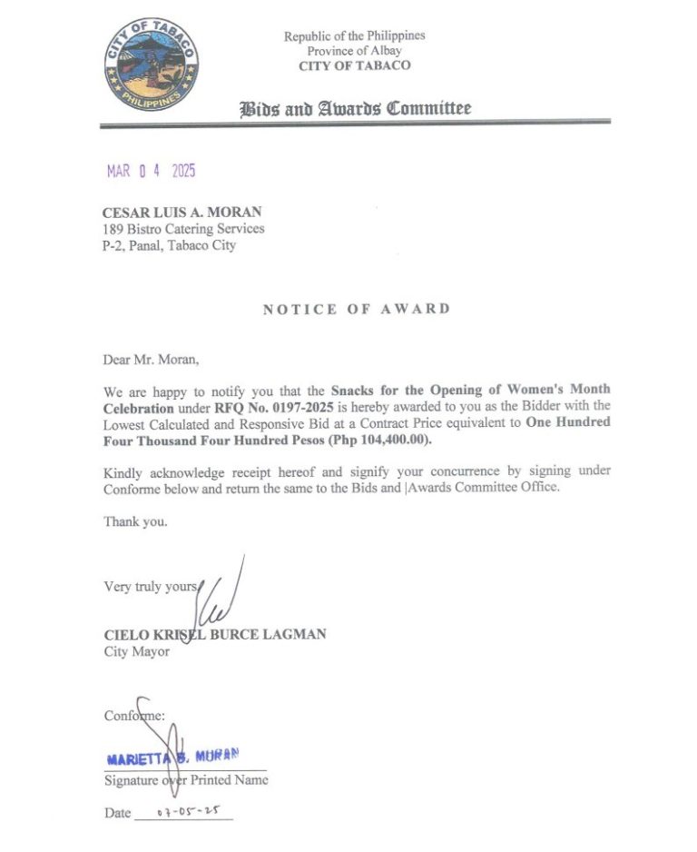 Notice of Award: Snacks for the Opening of Women’s Month Celebration, PR No. 25-02-0223