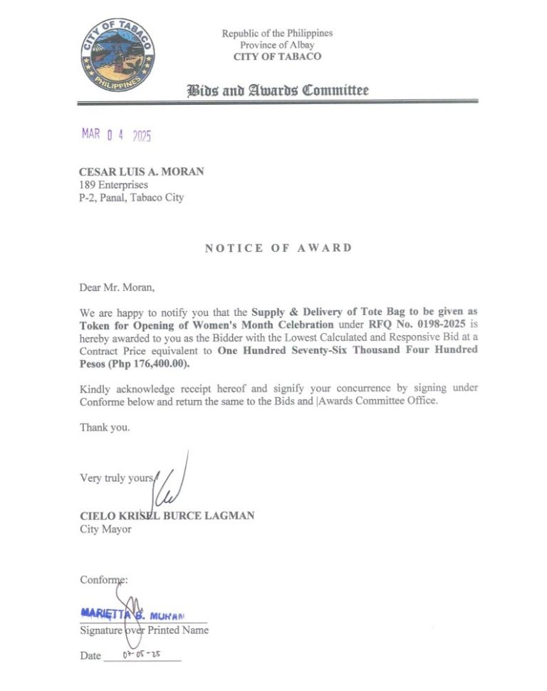 Notice of Award: Supply & Delivery of Tote Bag to be given as Token for Opening of Women’s Month Celebration, PR No. 25-02-0224