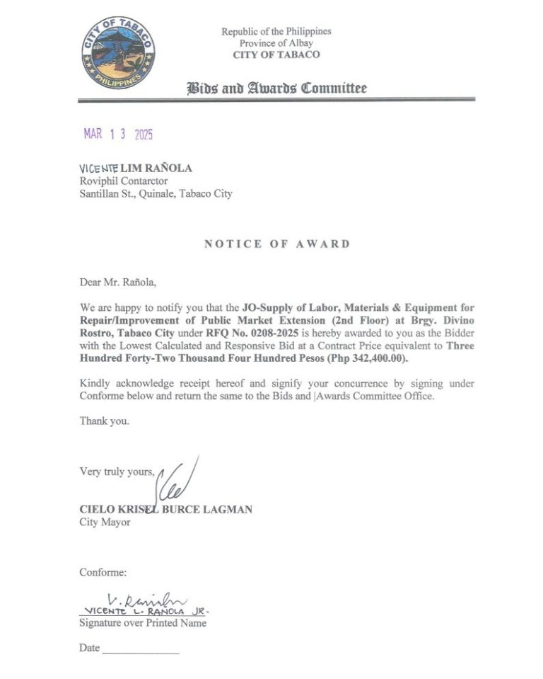 Notice of Award: JO-Supply of Labor, Materials & Equipment for Repair/Improvement of Public Market Extension (2nd Floor) at Brgy. Divino Rostro, Tabaco City, PR No. 25-02-0234
