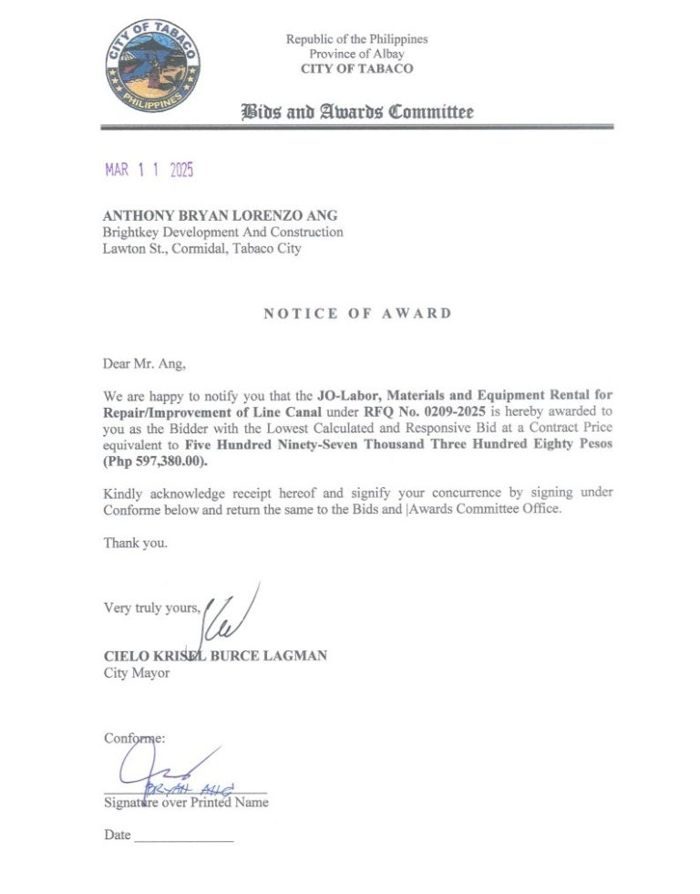 Notice of Award: JO-Labor, Materials & Equipment Rental for Repair/Improvement of Line Canal, PR No. 25-02-0235