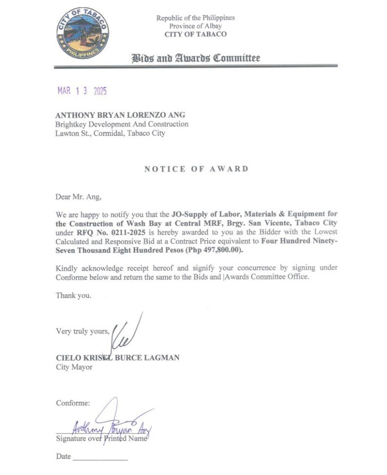 Notice of Award: JO-Supply of Labor, Materials & Equipment for the Construction of Wash Bay at Central MRF, Brgy. San Vicente, Tabaco City, PR No. 25-02-0237