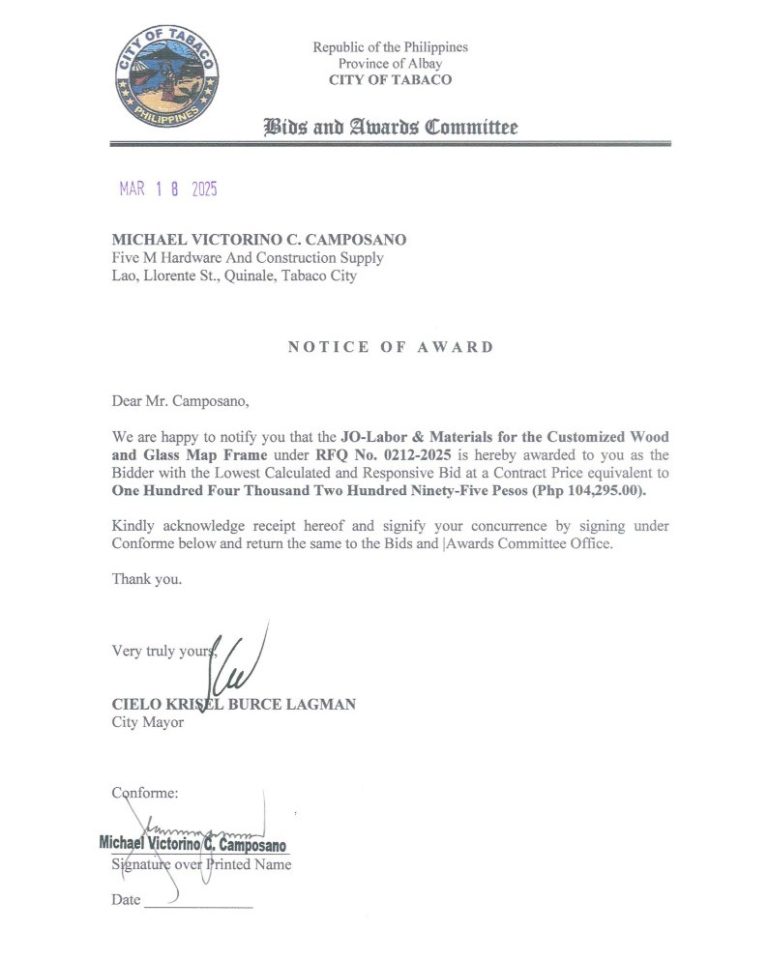 Notice of Award: JO-Labor & Materials for the Customized Wood & Glass Map Frame, PR No. 25-02-0238