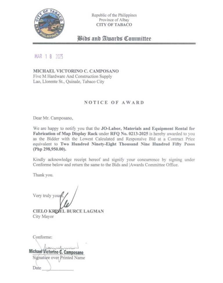 Notice of Award: JO-Labor, Materials & Equipment Rental for Fabrication of Map Display Rack, PR No. 25-02-0239