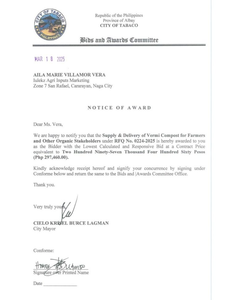 Notice of Award: Supply & Delivery of Vermi Compost for Farmers and Other Organic Stakeholders, PR No. 25-02-0252