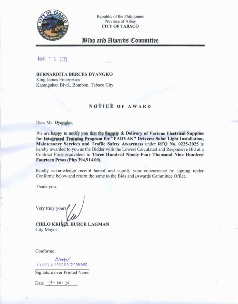 Notice of Award: Supply & Delivery of Various Electrical Supplies for Integrated Training Program for “PADYAK” Drivers: Solar Lights Installation, Maintenance Services & Traffic Safety Awareness, PR No. 25-02-0253