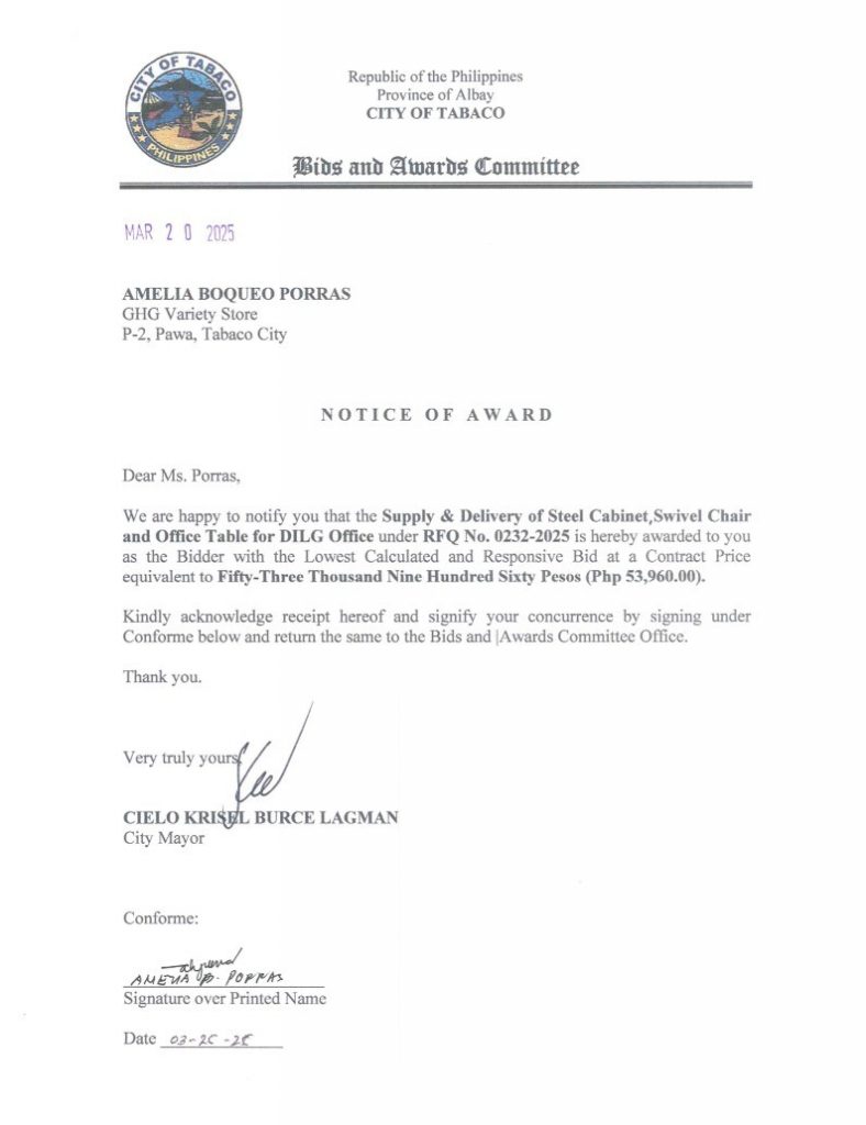 Notice of Award: Supply & Delivery of Steel Cabinet Swivel Chair & Office Table for DILG Office, PR No. 25-02-0260