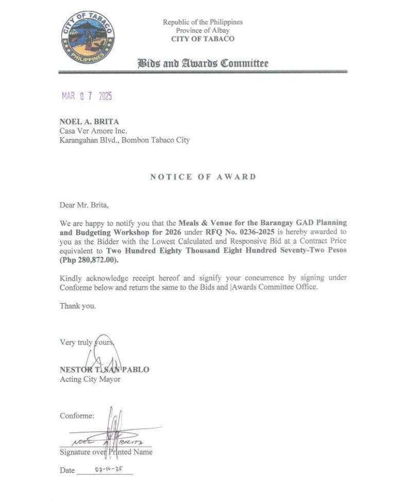 Notice of Award: Meals & Venue for the Barangay GAD Planning & Budgeting Workshop for 2026, PR No. 25-02-0266