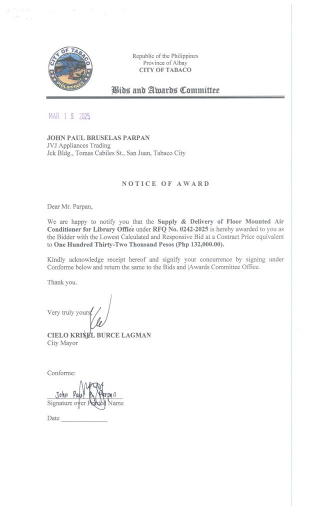 Notice of Award: Supply & Delivery of Floor Mounted Air Conditioner for Library Office, PR No. 25-02-0271