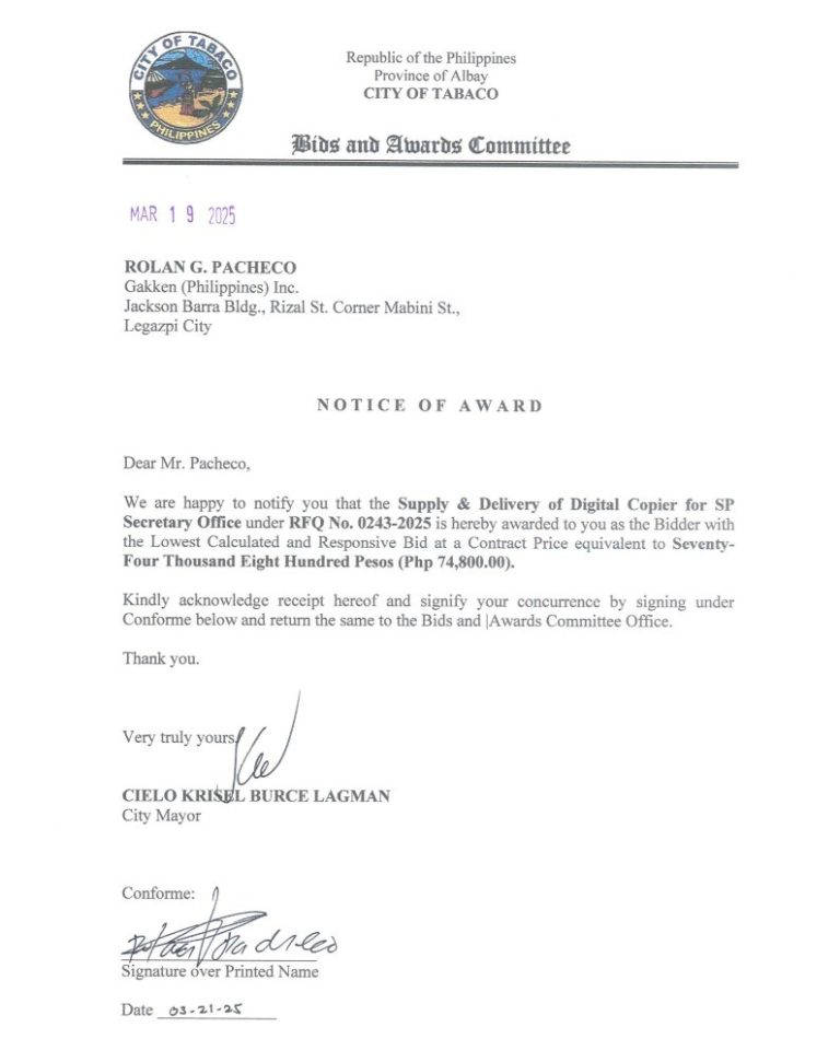 Notice of Award: Supply & Delivery of Digital Copier for SP Secretary Office, PR No. 25-02-0272