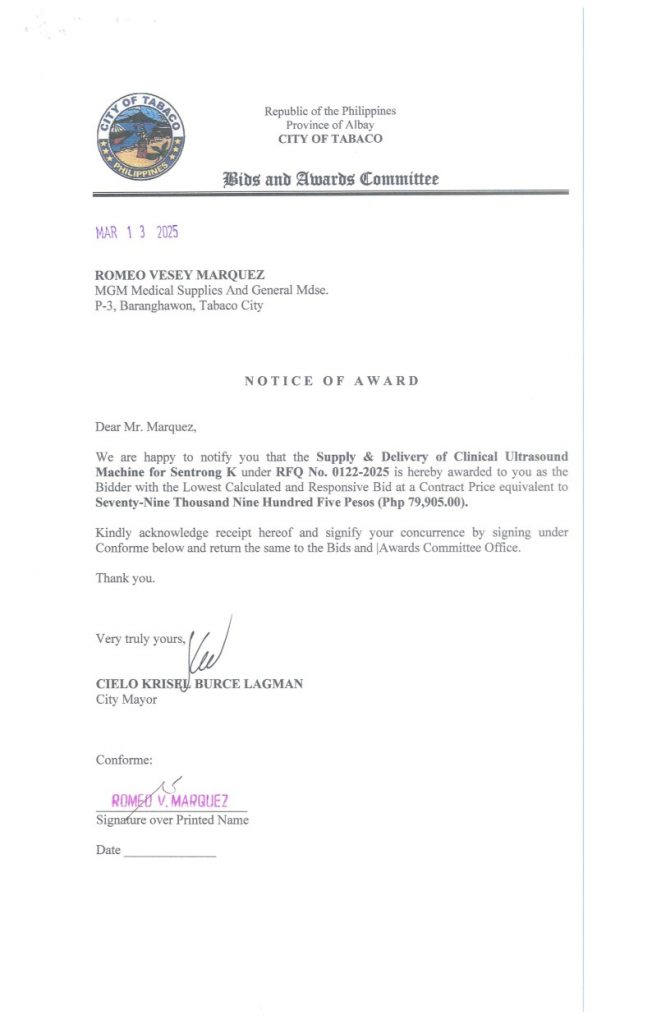 Notice of Award: Supply & Delivery of Clinical Ultrasound Machine for Sentrong K, PR No. 25-02-0136