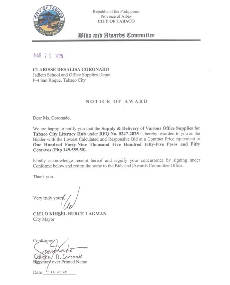 Notice of Award: Supply & Delivery of Other Various Supplies for Tabaco City Literacy Hub, PR No. 25-03-0276