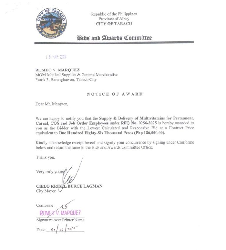 Notice of Award: Supply & Delivery of Multivitamins for Permanent, Casual, COS and Job Order Employees, PR No. 25-03-0285