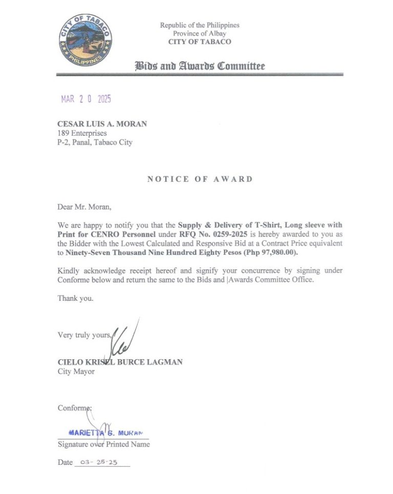 Notice of Award: Supply & Delivery of T-Shirt, Long Sleeve with Print for CENRO Personnel, PR No. 25-03-0289