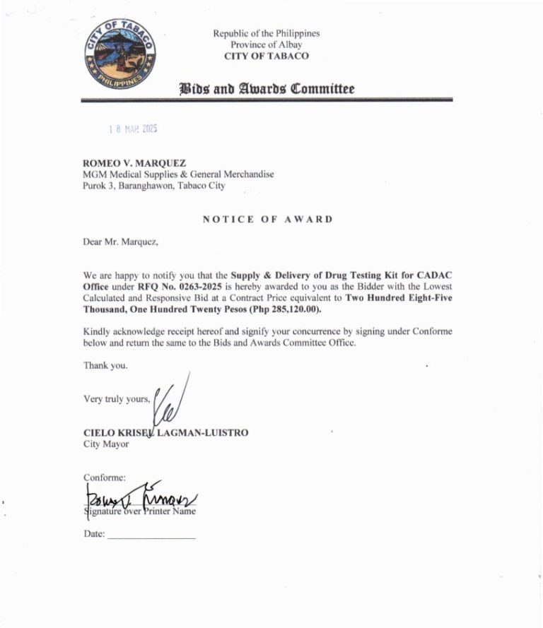 Notice of Award: Supply & Delivery of Drug Testing Kit for CADAC Office, PR No. 25-03-0293