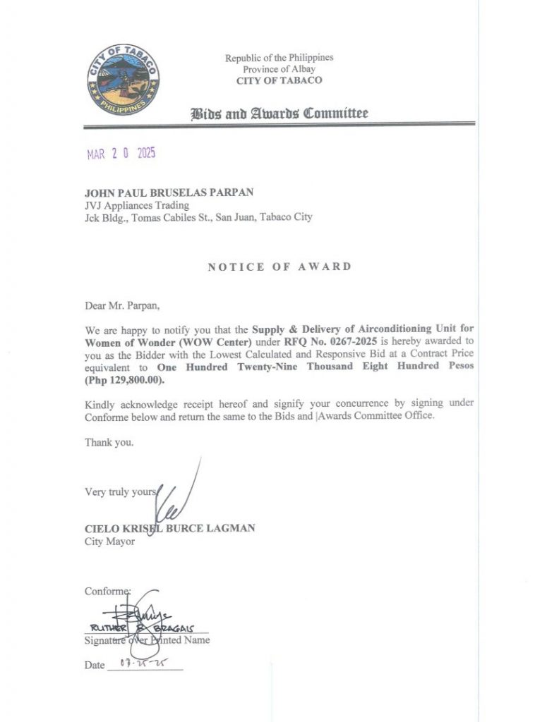 Notice of Award: Supply & Delivery of Airconditioning Unit for Women of Wonder (WOW Center), PR No. 25-03-0297