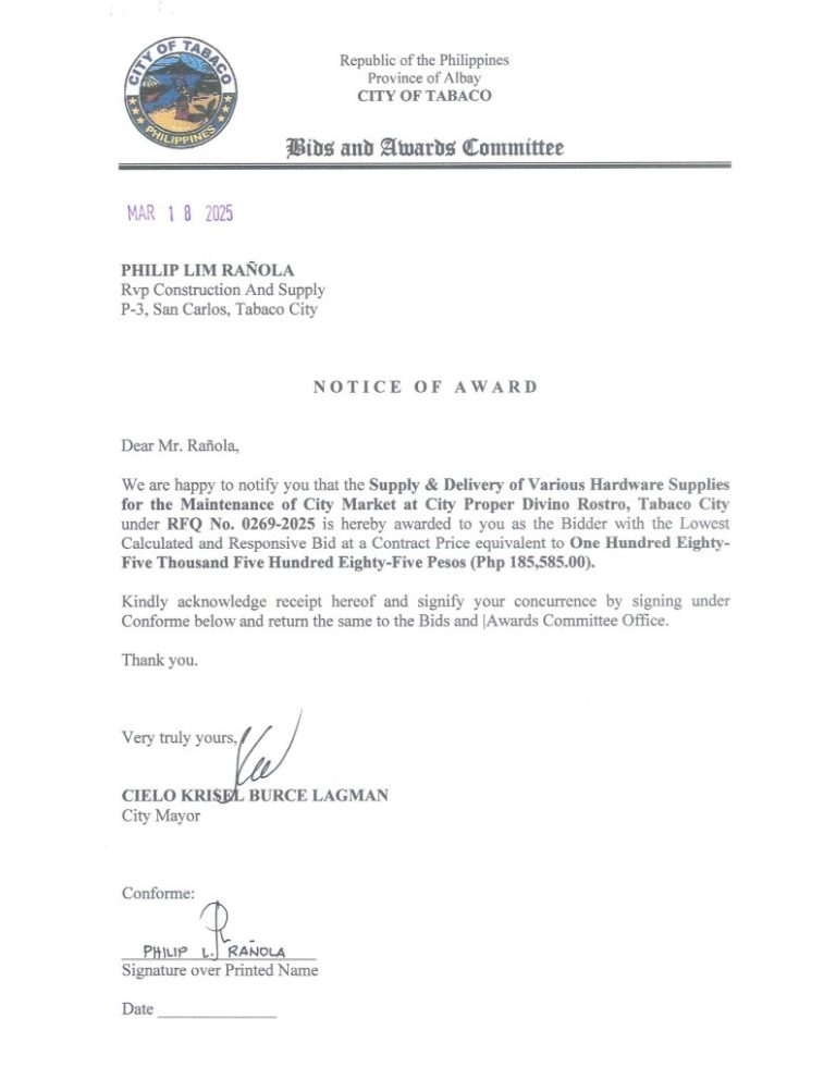 Notice of Award: Supply & Delivery of Various Hardware Supplies for the Maintenance of City Market at City Proper Divino Rostro, Tabaco City, PR No. 25-03-0299