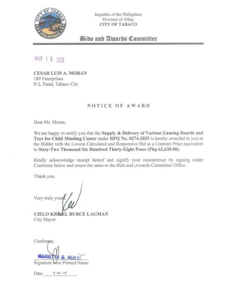 Notice of Award: Supply & Delivery of Various Gaming Boards & Toys for Child Minding Center, PR No. 25-03-0304