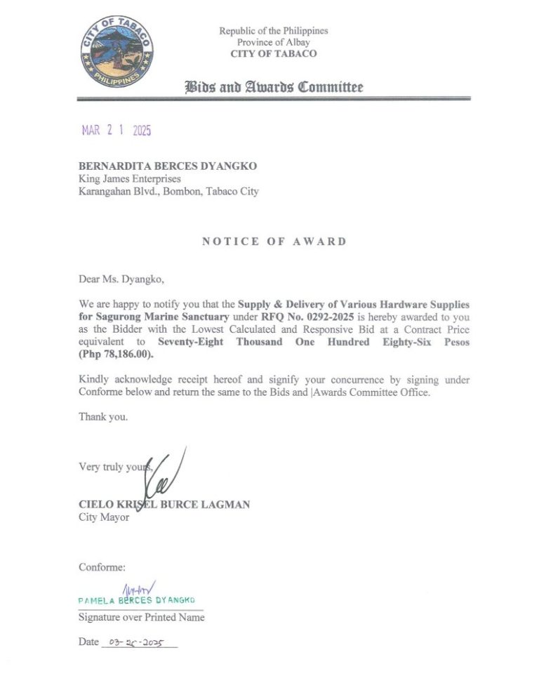 Notice of Award: Supply & Delivery of Various Hardware Supplies for Sagurong Marine Sanctuary, PR No. 25-03-0321