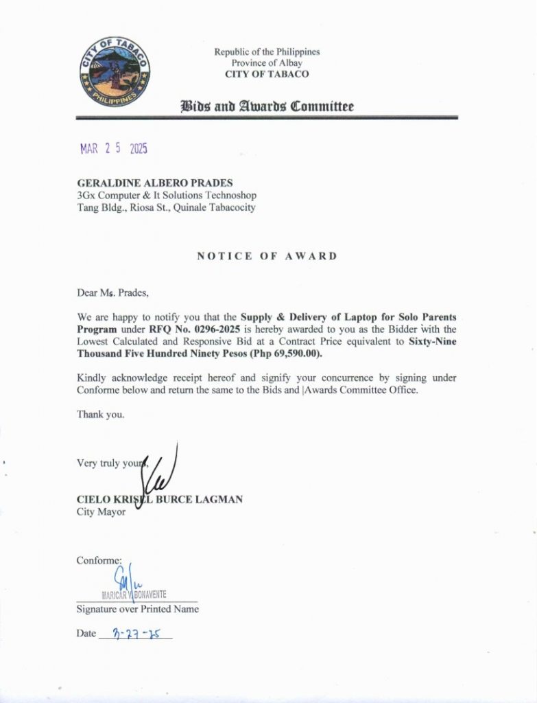 Notice of Award: Supply & Delivery of Laptop for Solo Parents Program, PR No. 25-03-0326