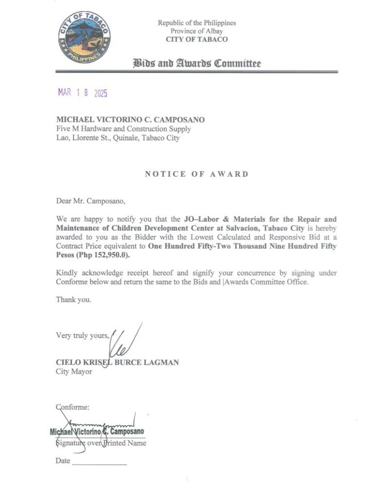 Notice of Award: JO-Labor & Materials for the Repair & Maintenance of Children Development Center, PR No. 25-03-0327