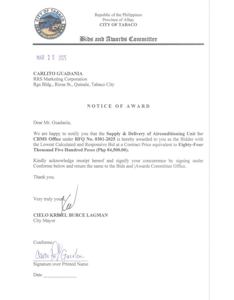 Notice of Award: Supply & Delivery of Airconditioning Unit for CBMS Office, PR No. 25-03-0331