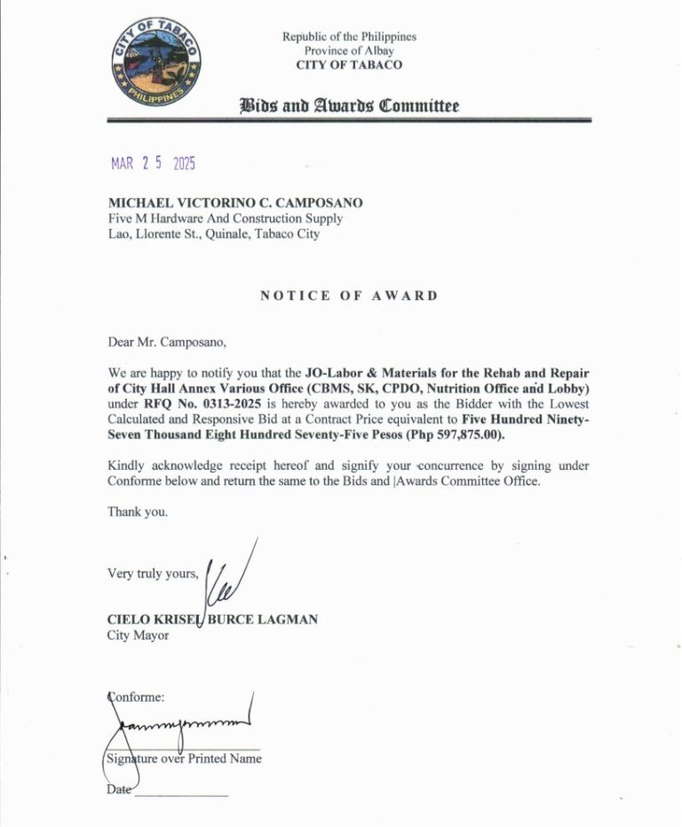 Notice of Award: JO-Labor & Materials for the Rehab & Repair of City Hall Annex Various Office (CBMS, SK, CPDO, Nutrition Office & Lobby), PR No. 25-03-0345