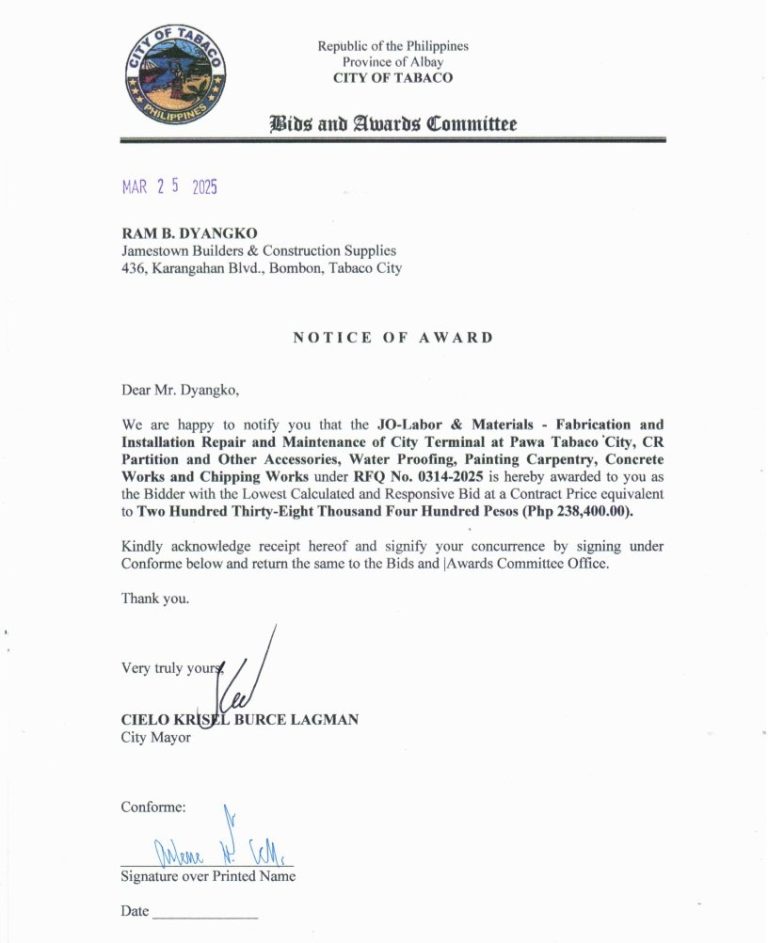 Notice of Award: JO-Labor & Materials – Fabrication & Installation Repair & Maintenance of City Terminal at Pawa Tabaco City, CR Partition & Other Accessories, Water Proofing, Painting Carpentry, Concrete Works & Chipping Works, PR No. 25-03-0346