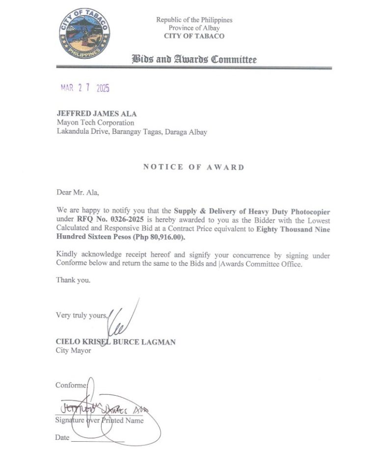 Notice of Award: Supply & Delivery of Heavy Duty Photocopier, PR No. 25-03-0358